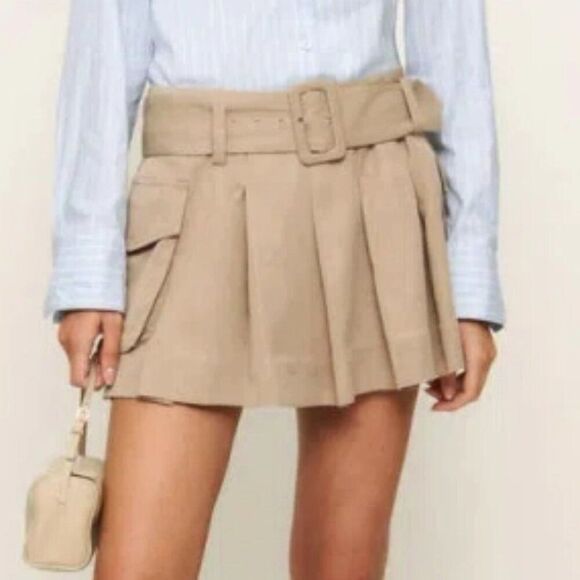 REFORMATION Brinley Belted Pleated Cargo Skirt Khaki Belt Pockets Zipper Size 12 - Picture 2 of 15